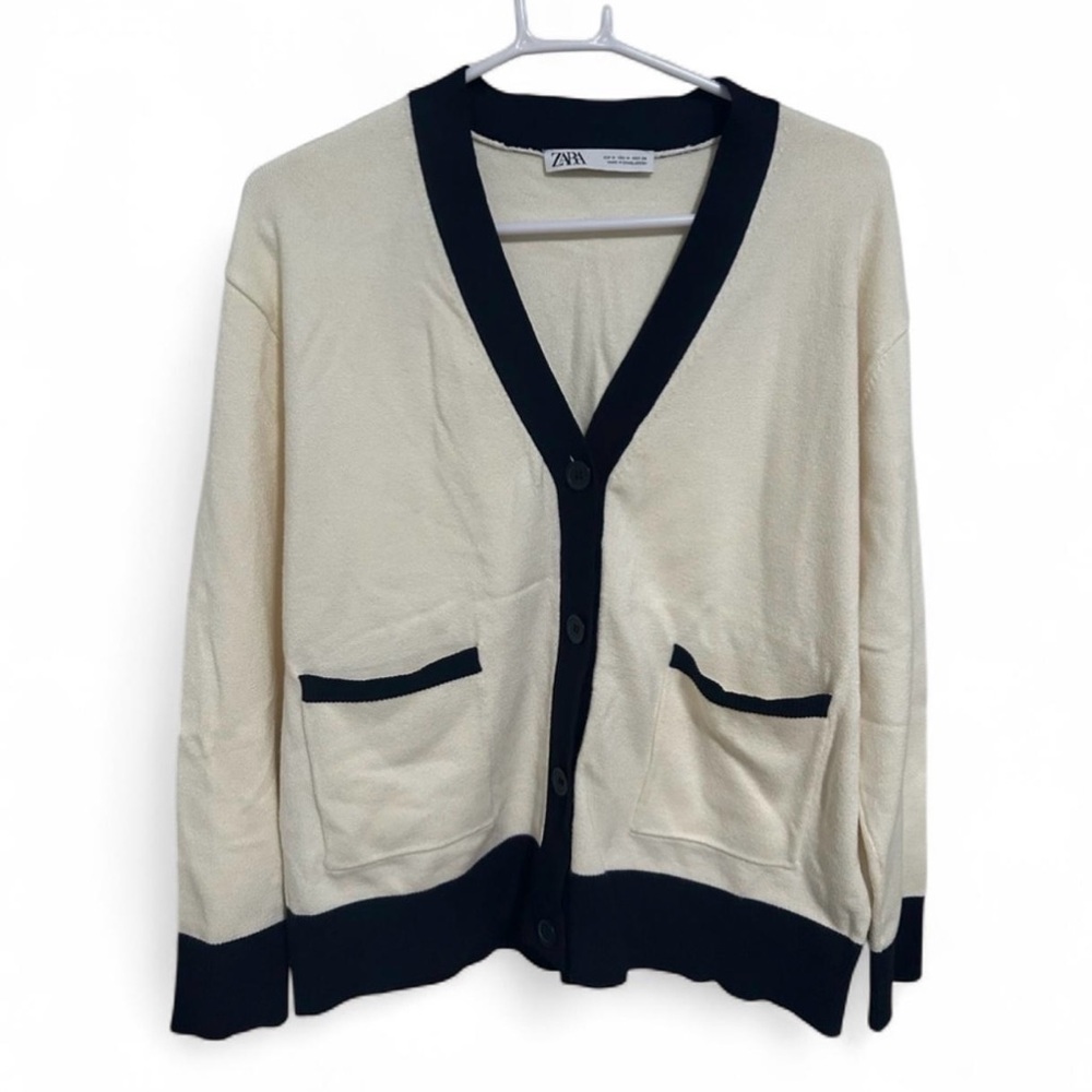 ZARA Cream Cardigan Sweater – Navy Contrast Trim, Button Down, Size M